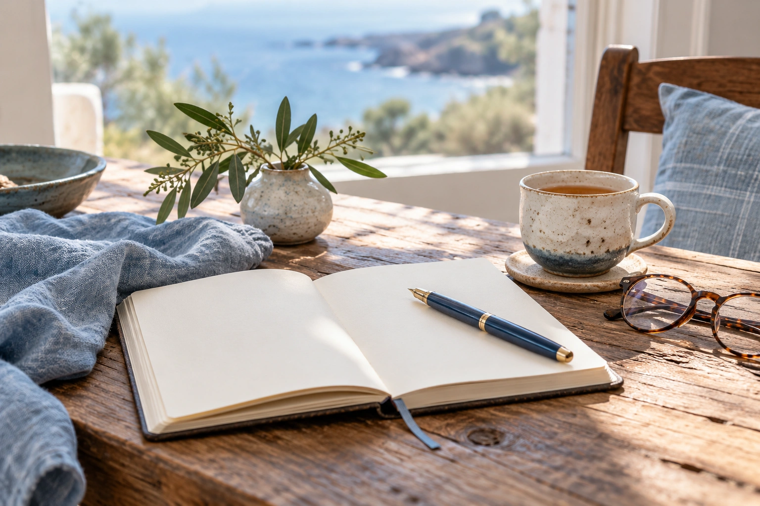 An open journal and tea on a table overlooking the coast