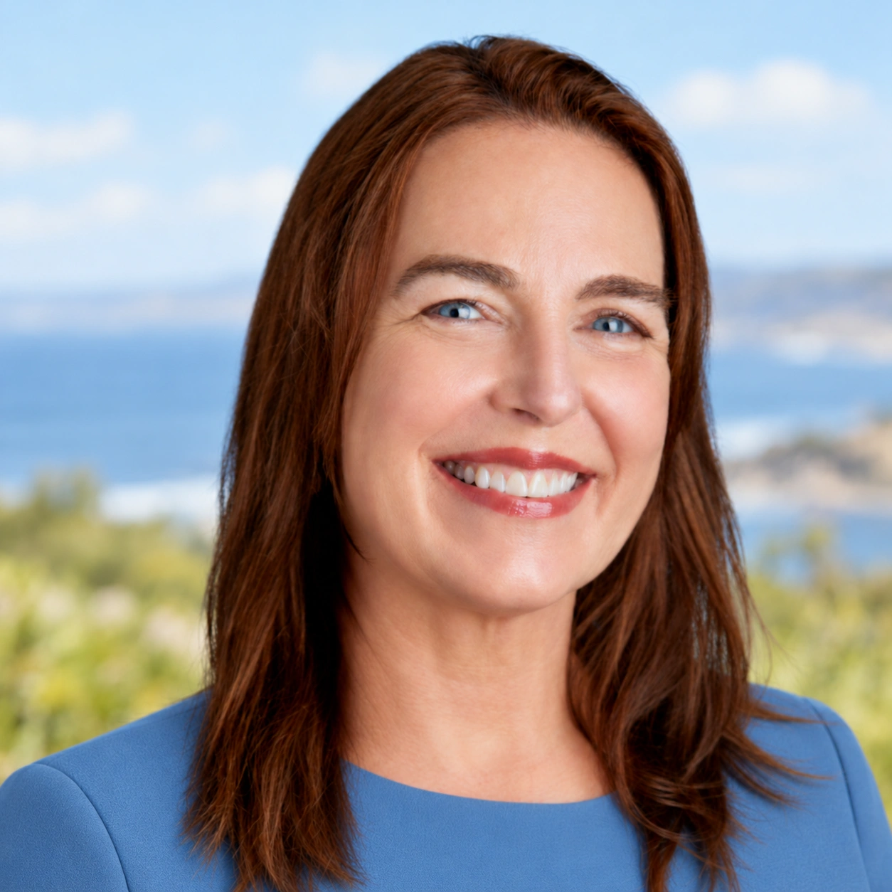 Peggy Wallace smiling by the coast