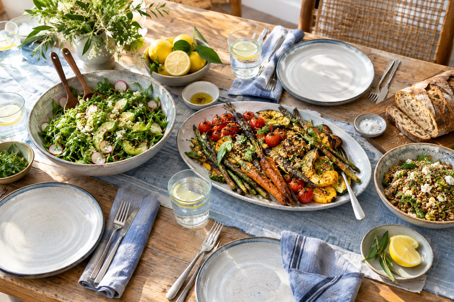 Seasonal food, bread, and linen on a welcoming table